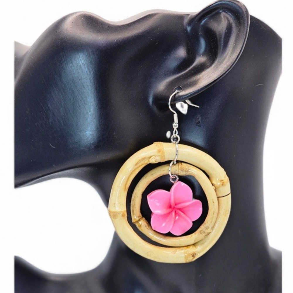 Double Bamboo Hoop Earrings Pink Plumeria Flower Tiki Hawaiian Retro Boho Dangle
